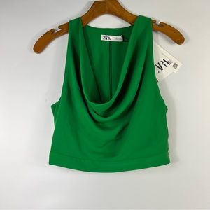 ZARA Flowy Draped Neckline Emerald Crop Top XS NWT